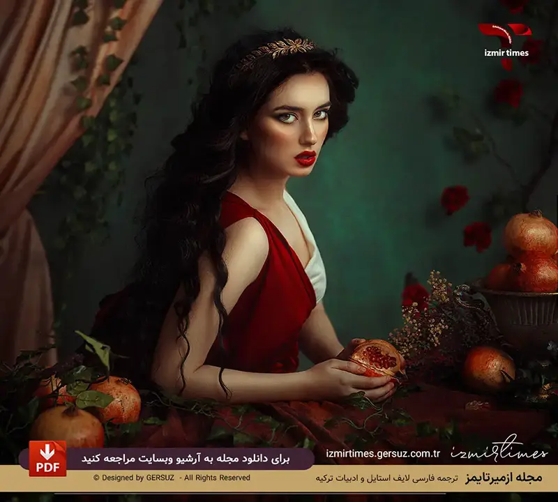 نگاه نافض دختر چشم روشن مو مشکی با لباس قرمز وانار برای شب یلدا